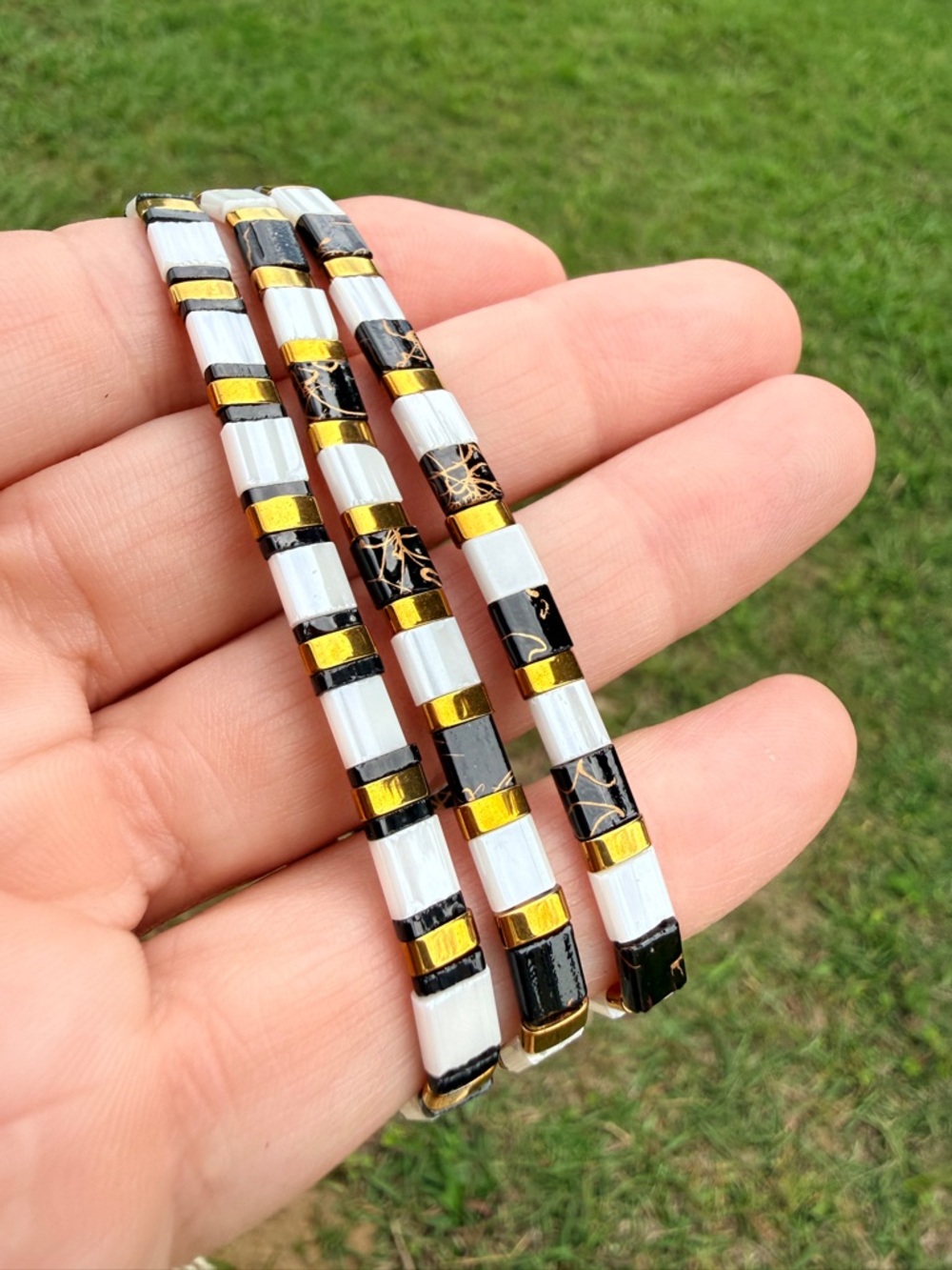 Elegant Black, White & Gold Tile Stretch Bracelet Trio